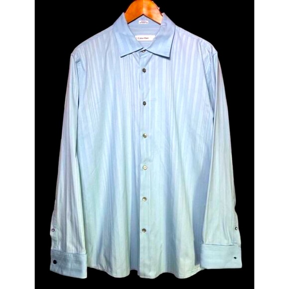 Calvin Klein Men‎ Button Up Shirt Teal Striped Long Sleeve 100% Cotton Size L - Picture 1 of 12